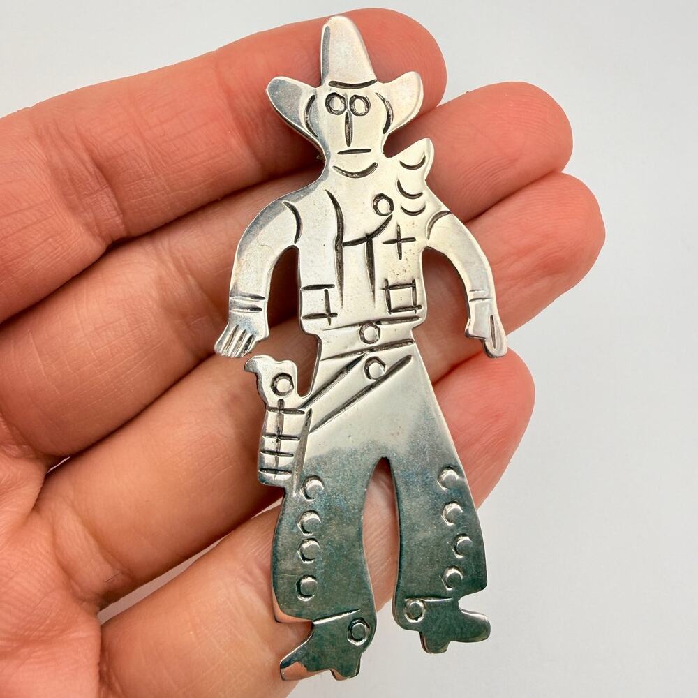 Vintage 925 Mexico Sterling Silver Etched Cowboy Chaps Figure Brooch Pin
